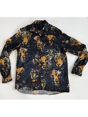 Zara Navy, Mustard & White Animal Motif Button-Down Shirt Size L